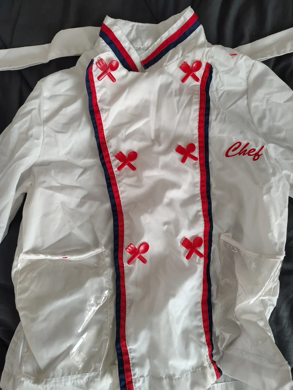 White Chef Jacket Wearable For Kids with Red and Navy Trim.Toys R US